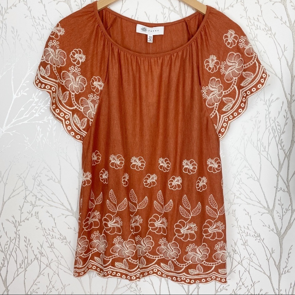 FEVER Short Sleeve BOHO Embroidered Top Rust NWT